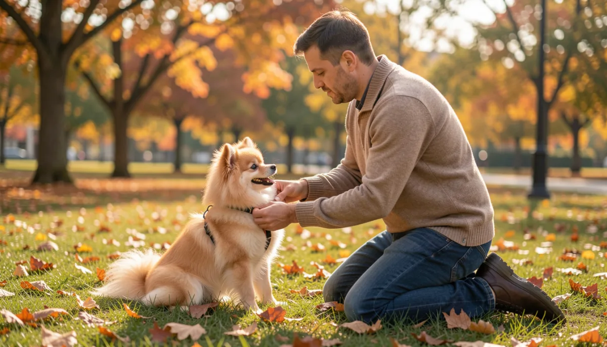 Homme agenouillé sur la pelouse d'un parc en automne, ajustant un petit harnais sur un spitz au poil crème orangé, feuilles mortes autour