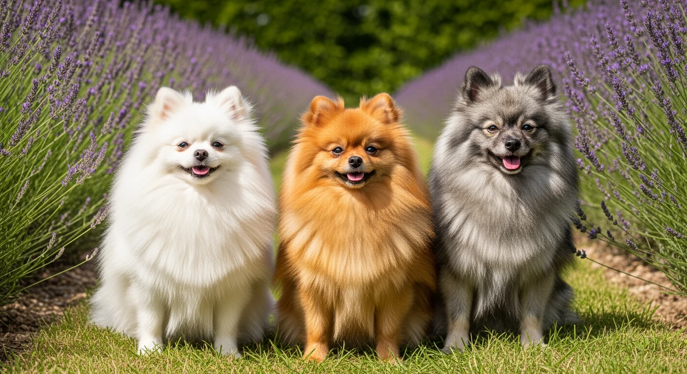 Trois Spitz Nain de couleurs differentes dans un jardin français