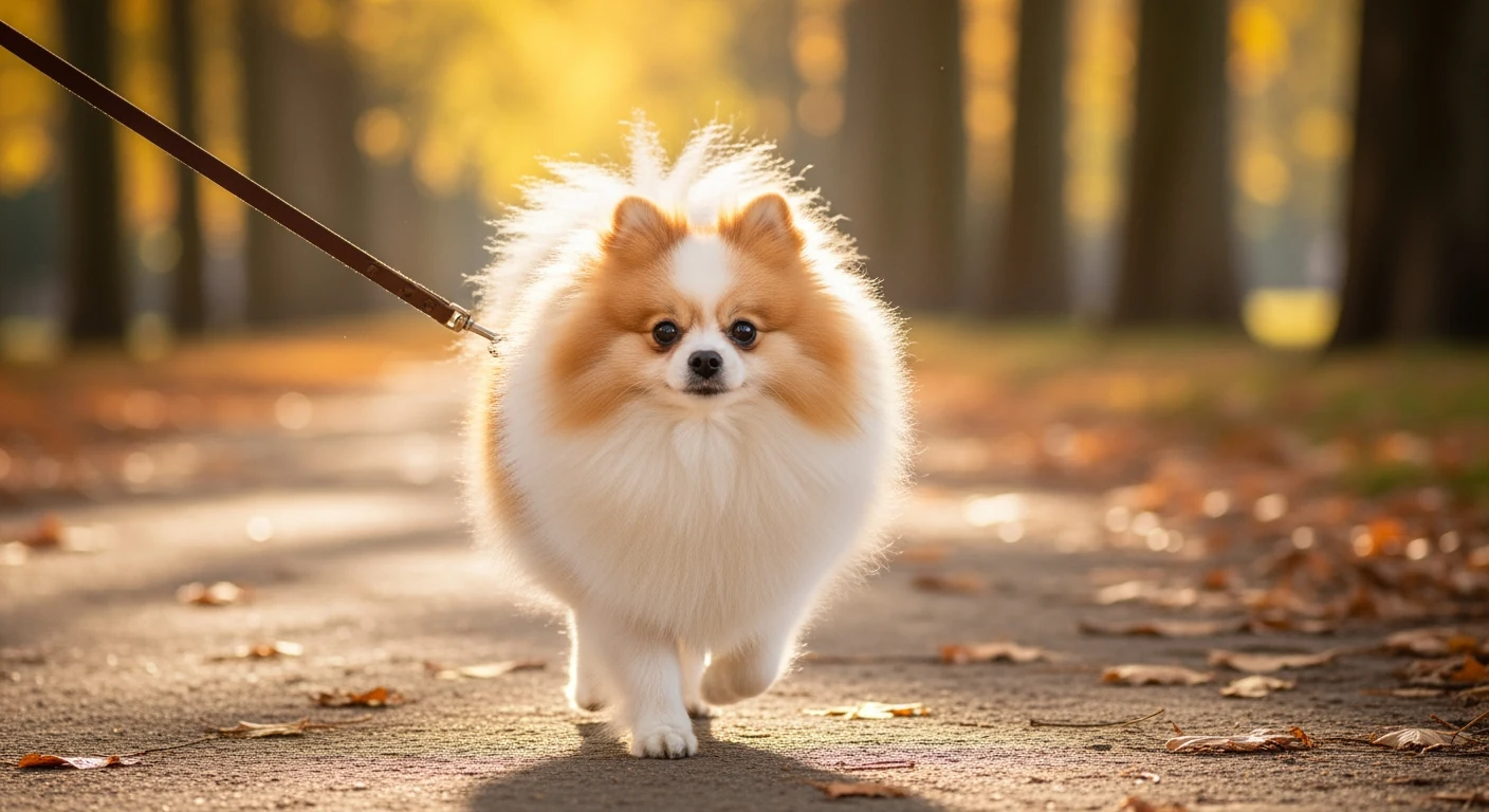 Spitz Nain trottant joyeusement dans un parc en automne