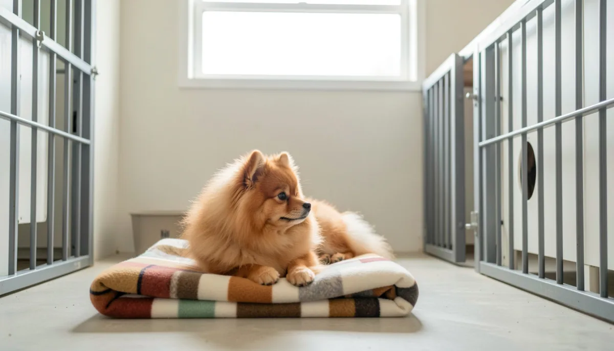 Spitz nain orange adulte couché sur une couverture pliée dans un box de refuge propre et lumineux, porte ouverte